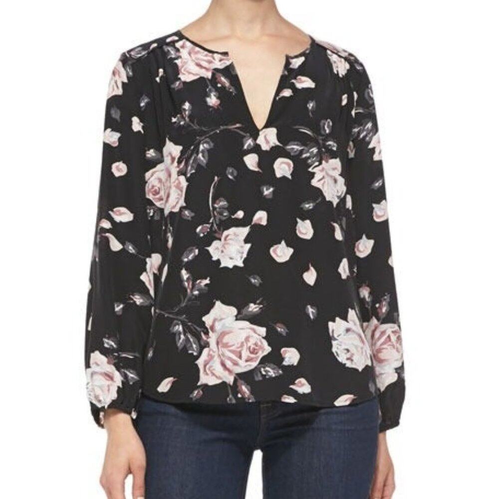 Joie Black Rose Floral Print Silk Blouse